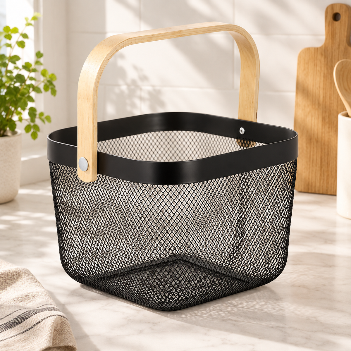 Bamboo Handle Mesh Storage Basket