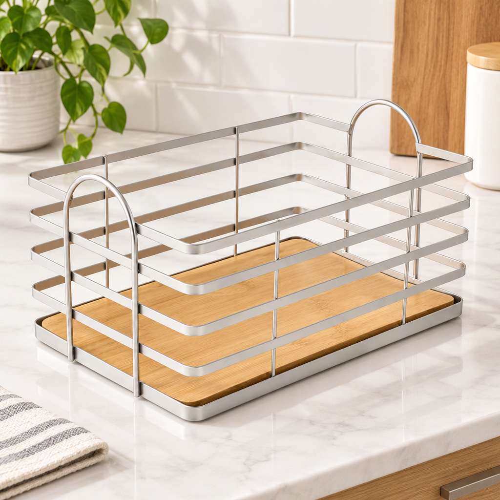 Bamboo Base Wire Storage Basket