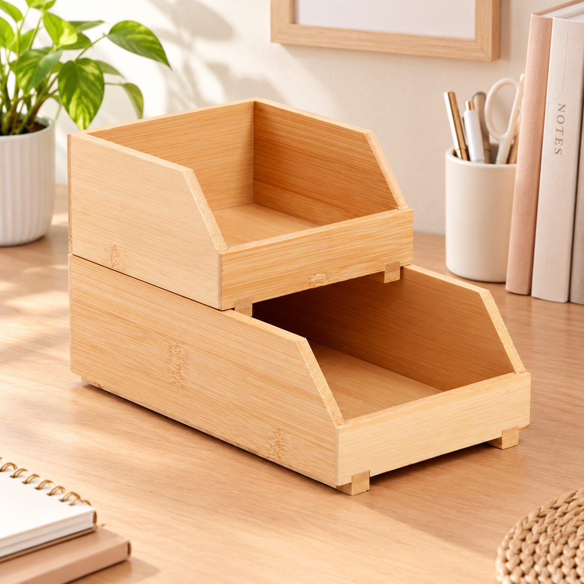 Bamboo Stackable Storage Bins Set of 2
