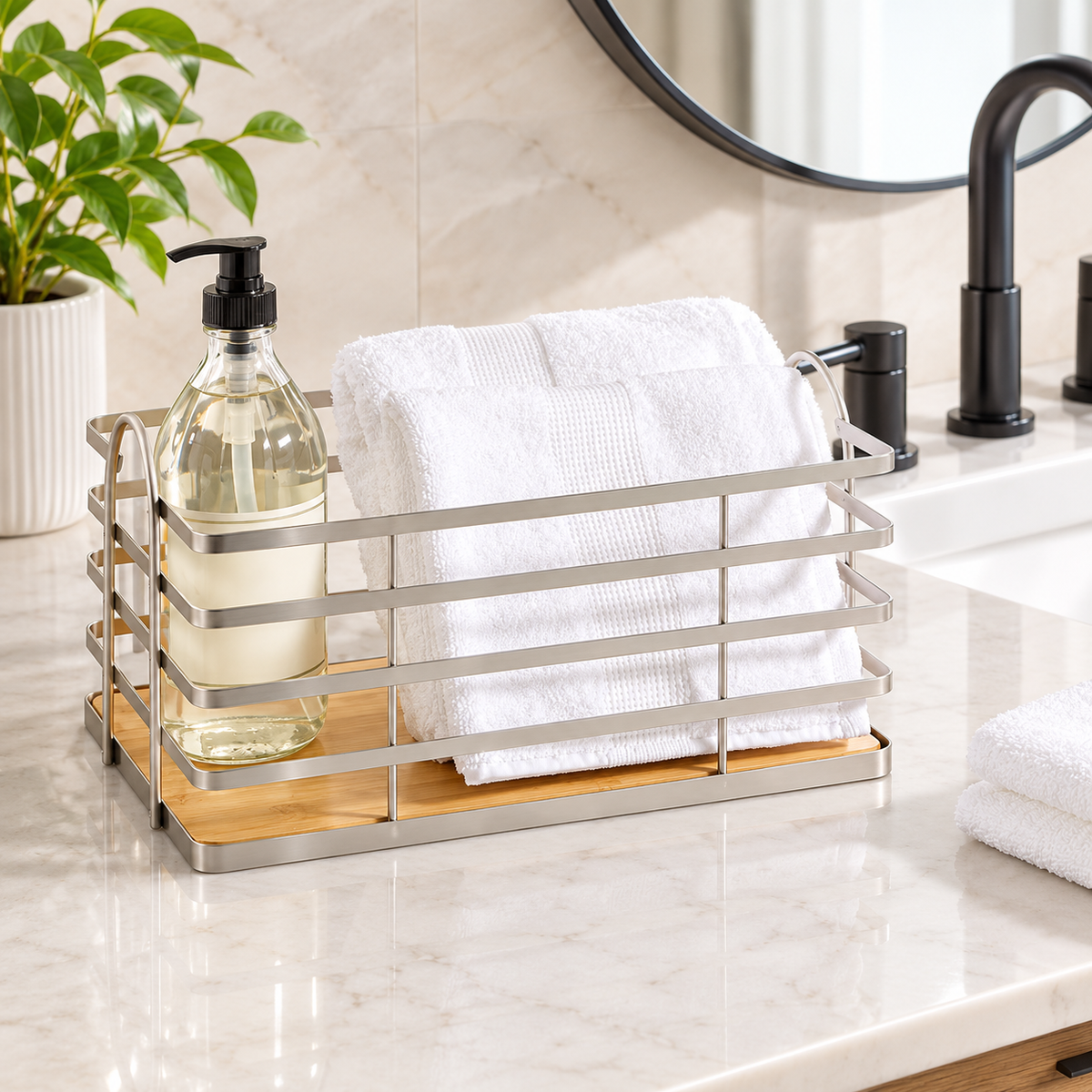 Bamboo Base Wire Storage Basket