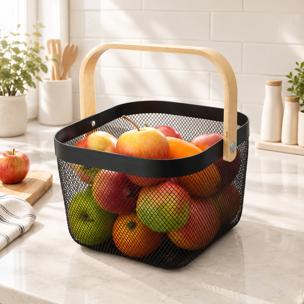 Bamboo Handle Mesh Storage Basket