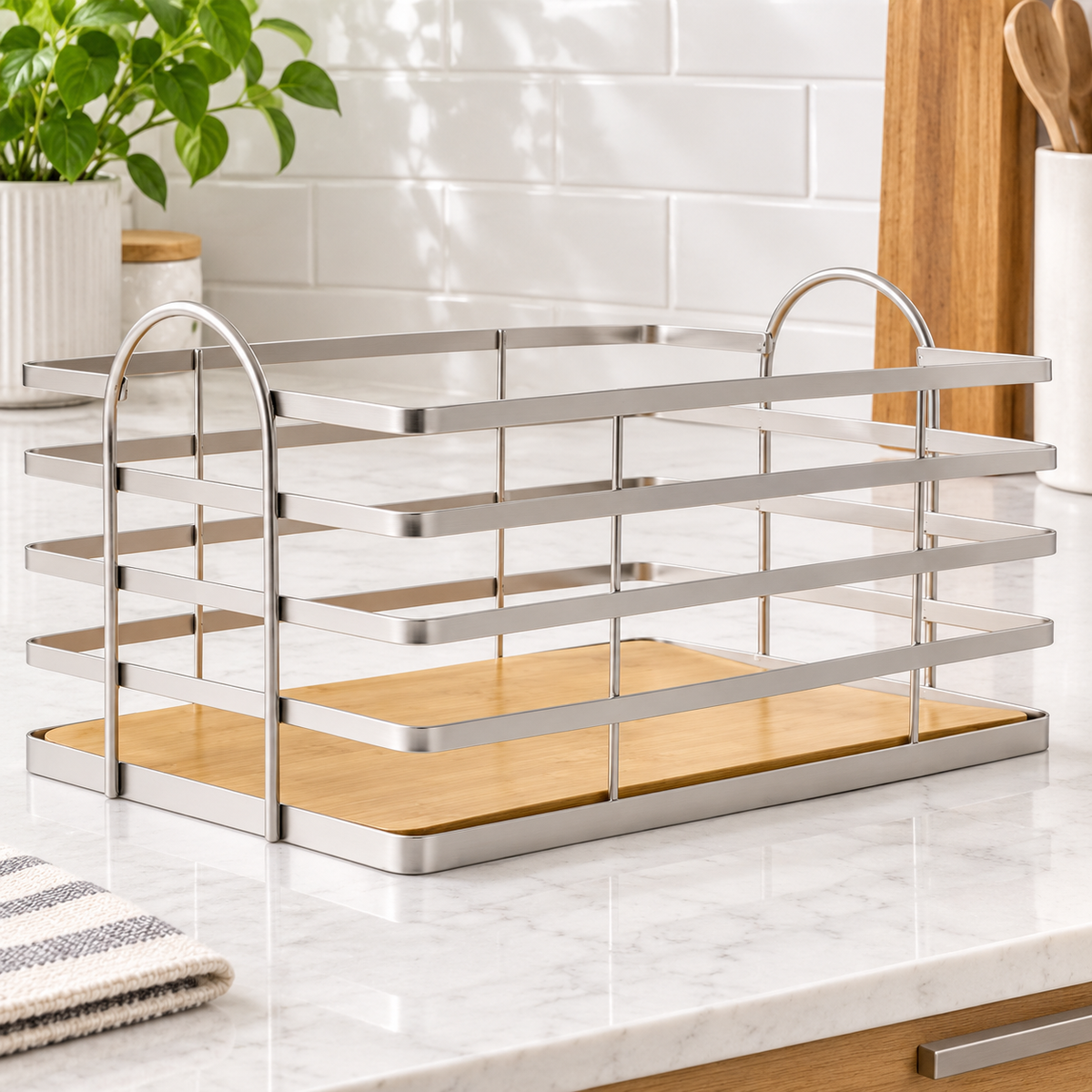 Bamboo Base Wire Storage Basket