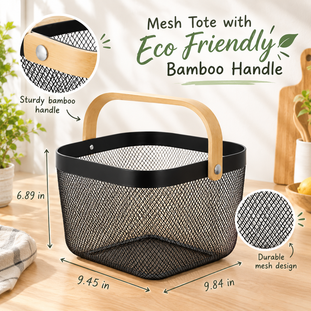 Bamboo Handle Mesh Storage Basket