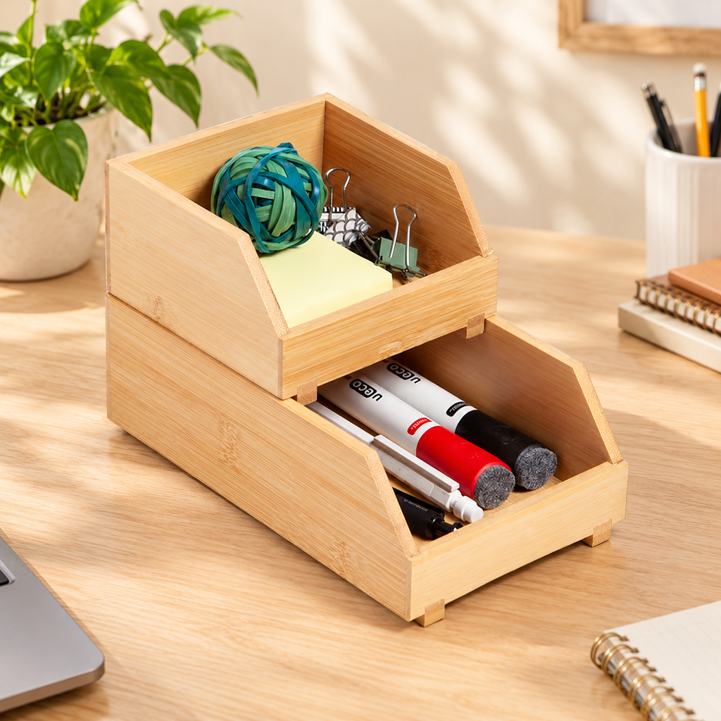 Bamboo Stackable Storage Bins Set of 2
