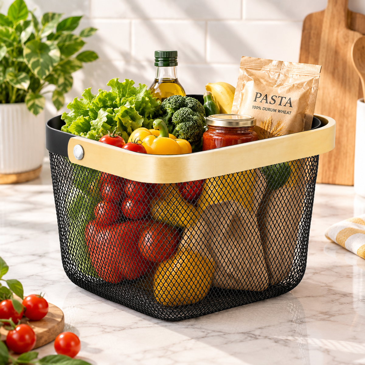 Bamboo Handle Mesh Storage Basket