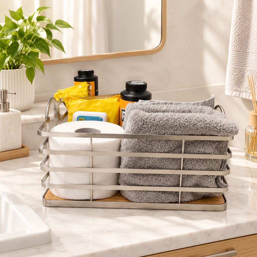 Bamboo Base Wire Storage Basket