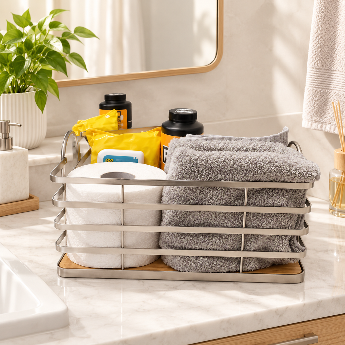 Bamboo Base Wire Storage Basket