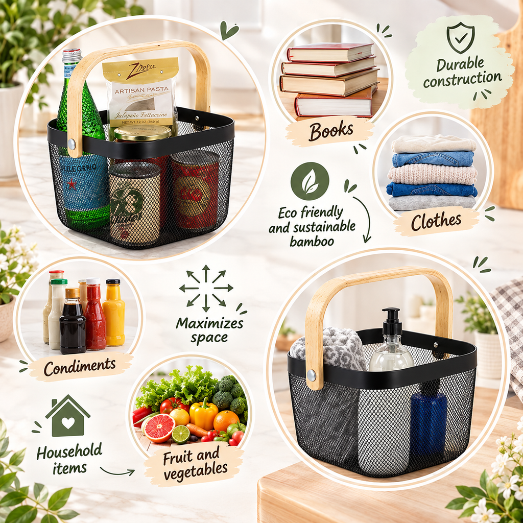 Bamboo Handle Mesh Storage Basket