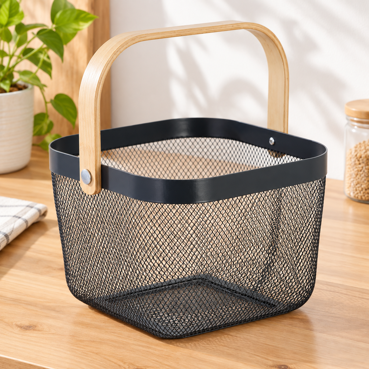 Bamboo Handle Mesh Storage Basket